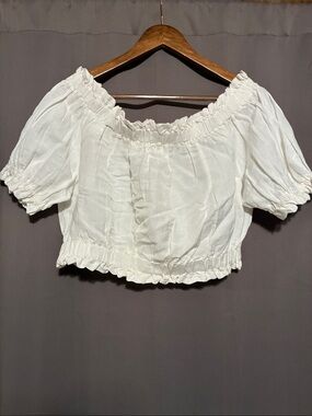 Elan White Off-Shoulder Ruffle Hem Crop Top